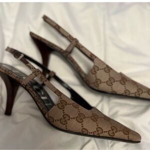 Gucci Tan Monogram Slingback Heels